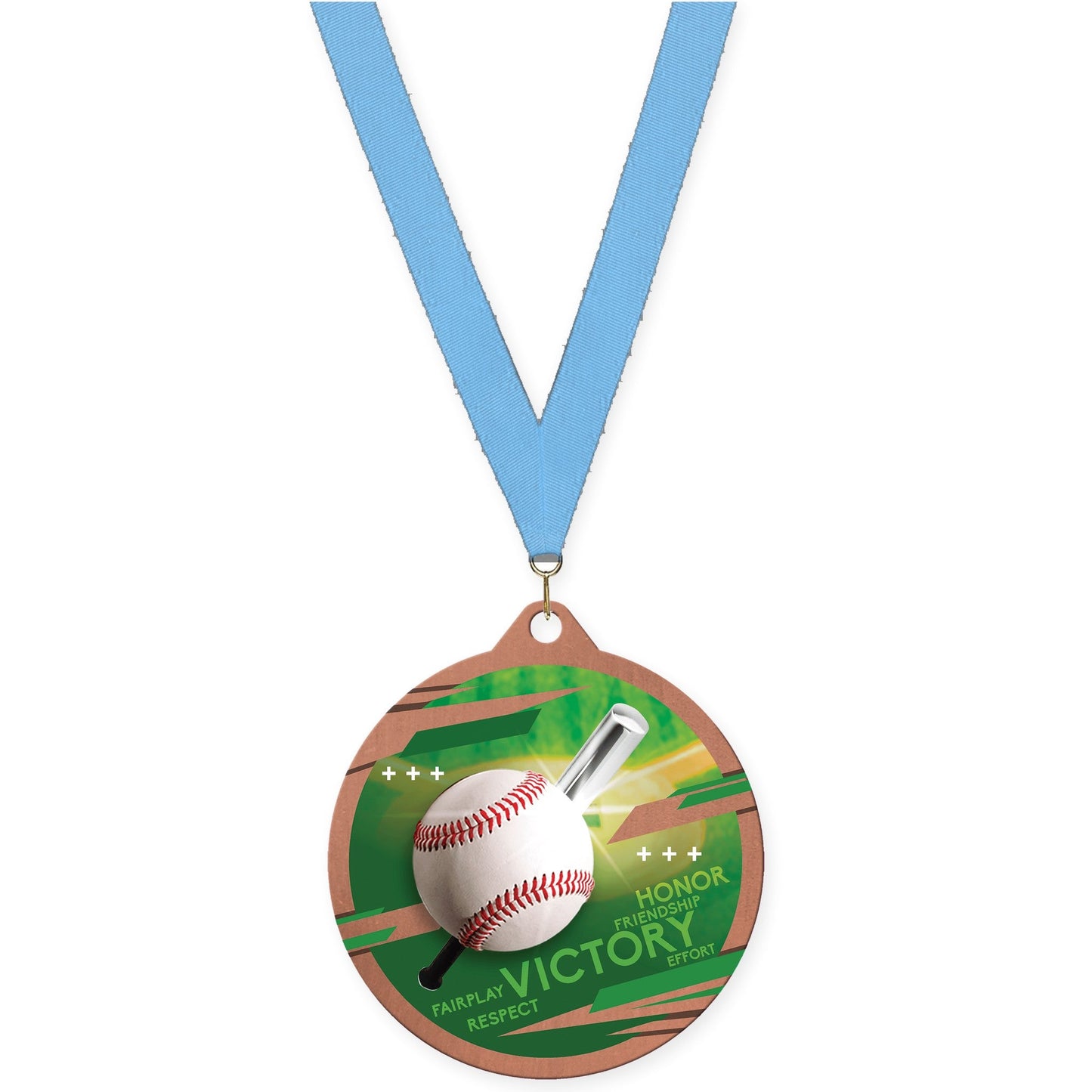 2 3/4 inch baseball Inspire medal in bronze with Light Blue neck ribbon