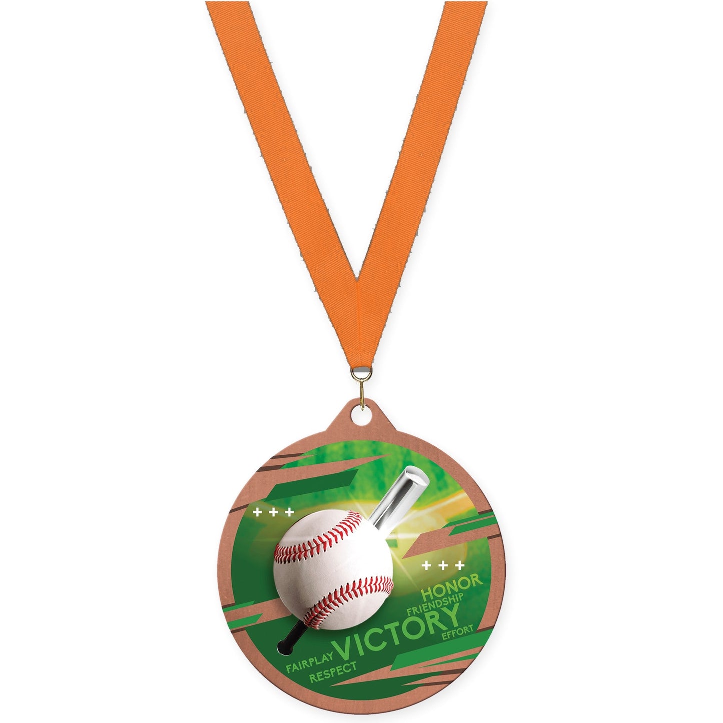 2 3/4 inch baseball Inspire medal in bronze with Orange neck ribbon