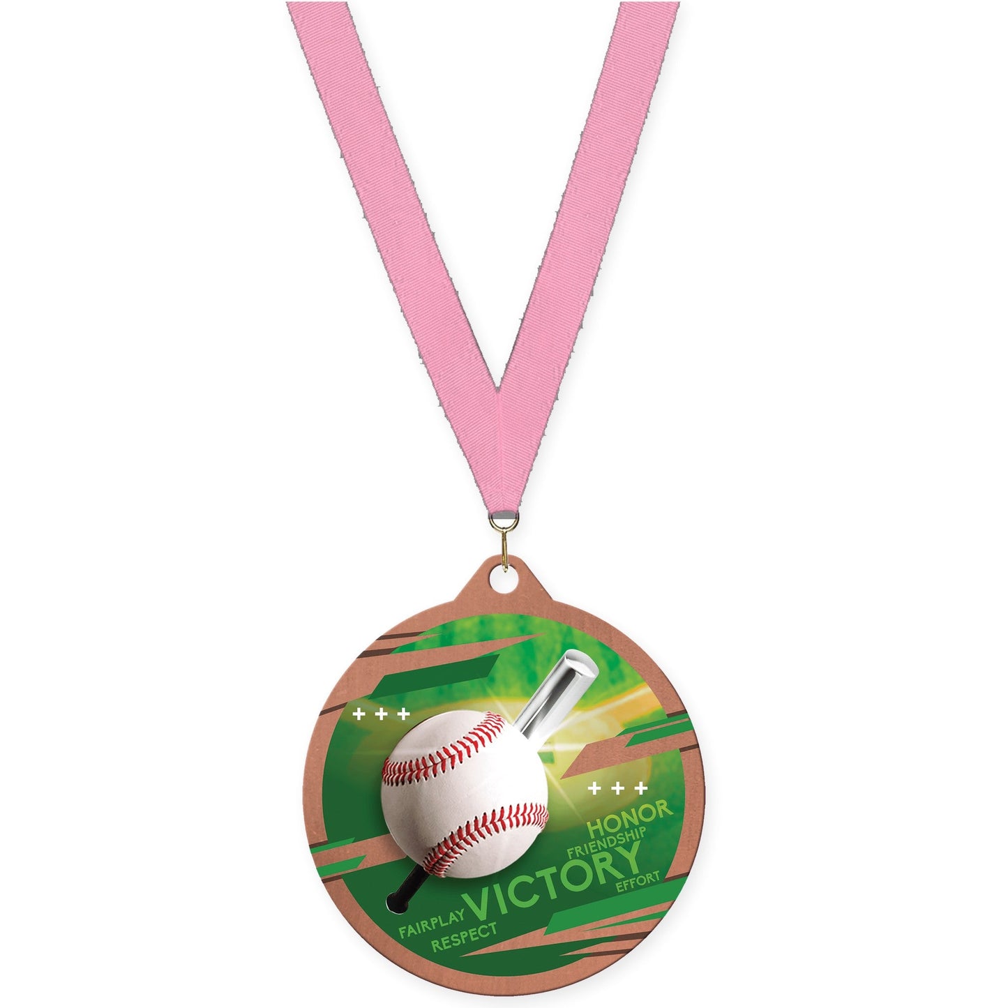 2 3/4 inch baseball Inspire medal in bronze with Pink neck ribbon