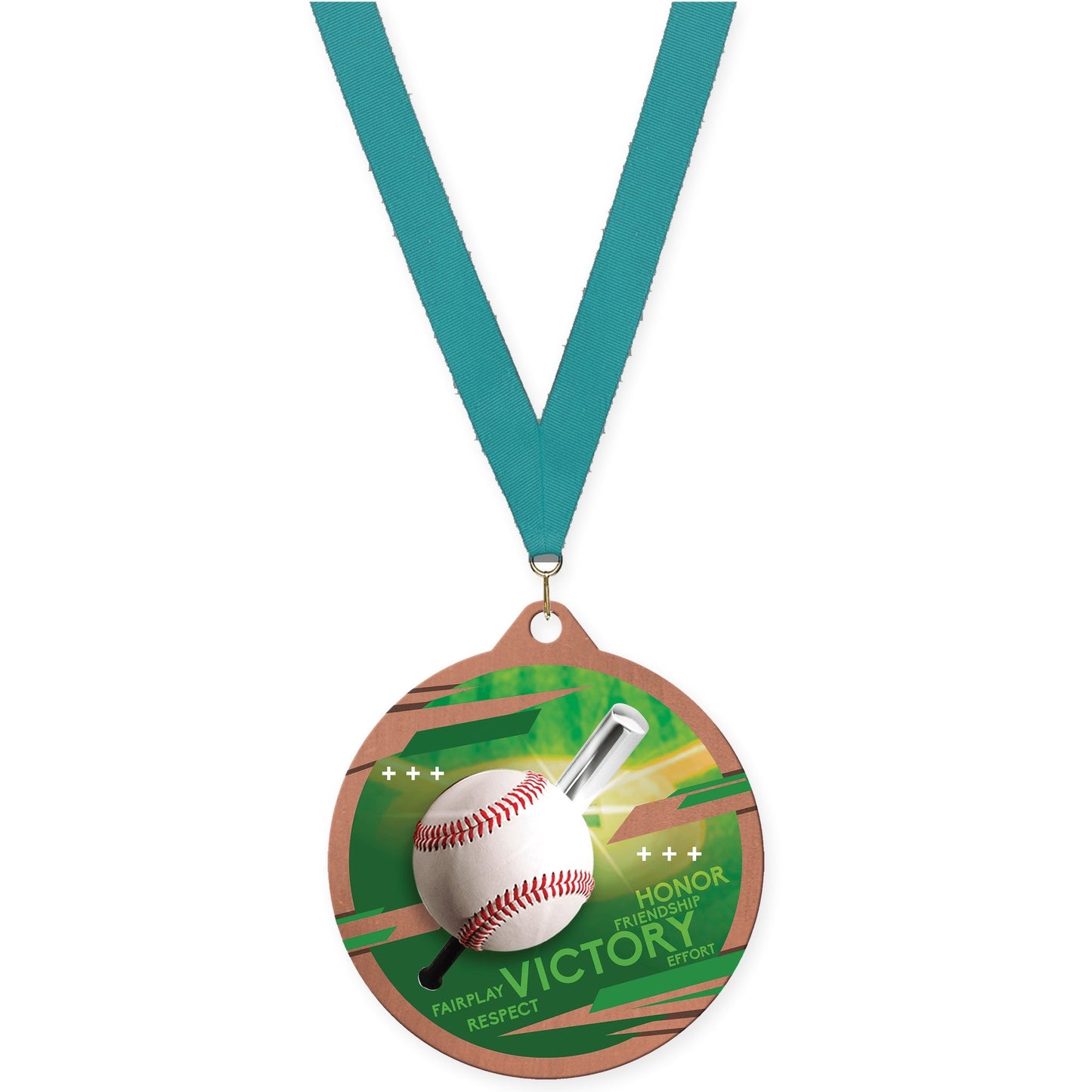2 3/4 inch baseball Inspire medal in bronze with Teal neck ribbon