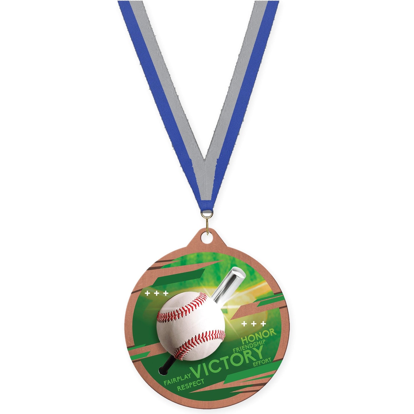 2 3/4 inch baseball Inspire medal in bronze with Blue Gray neck ribbon