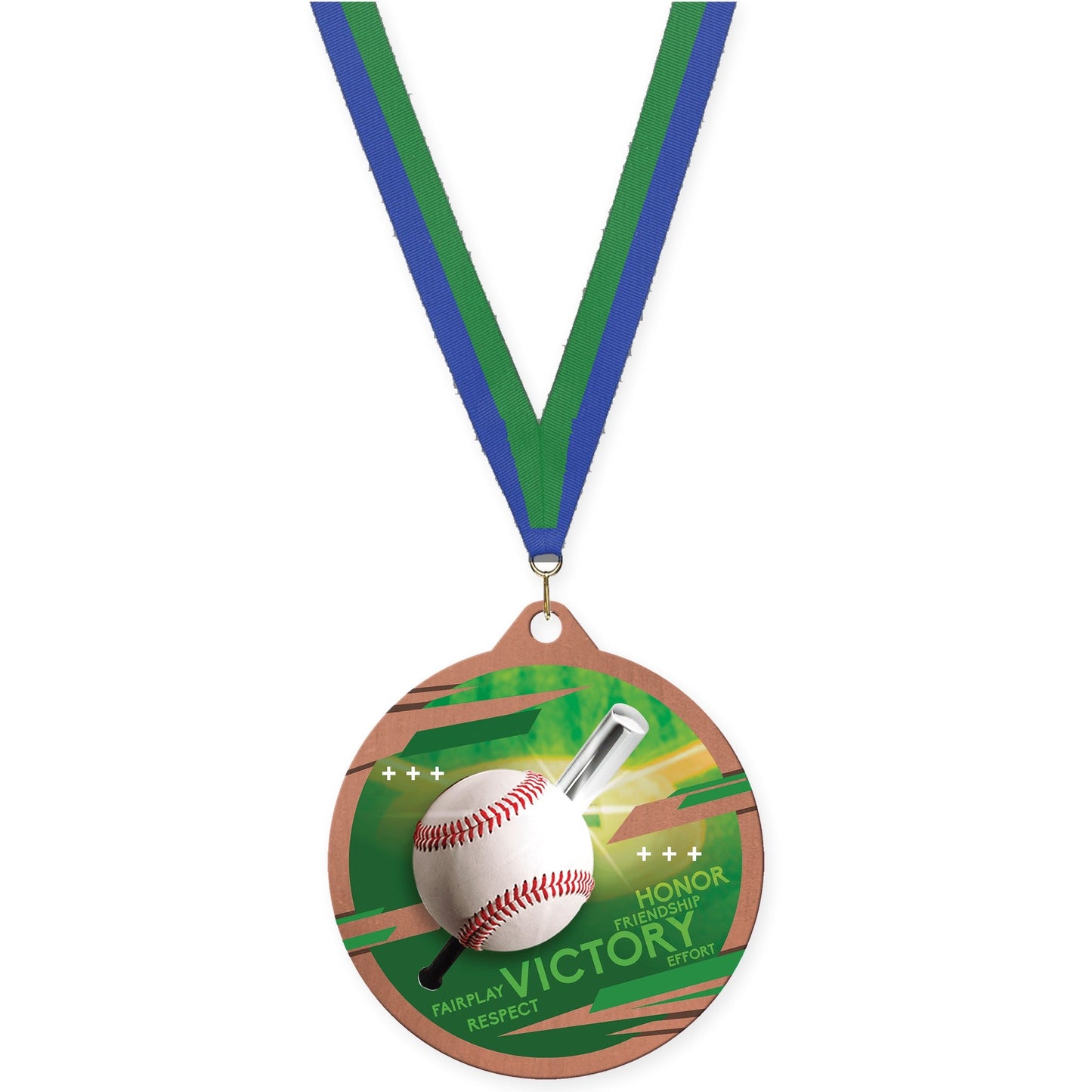 2 3/4 inch baseball Inspire medal in bronze with Blue Green neck ribbon
