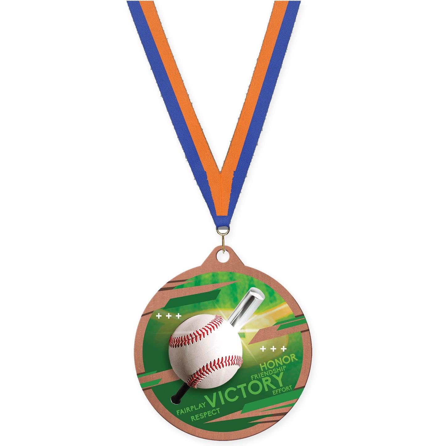 2 3/4 inch baseball Inspire medal in bronze with Blue Orange neck ribbon