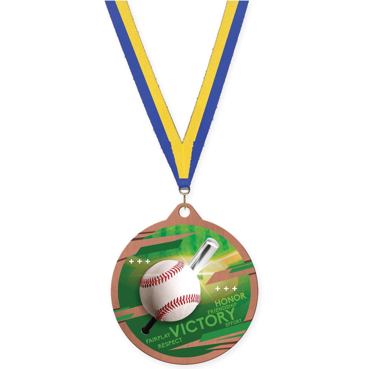 2 3/4 inch baseball Inspire medal in bronze with Blue Yellow neck ribbon