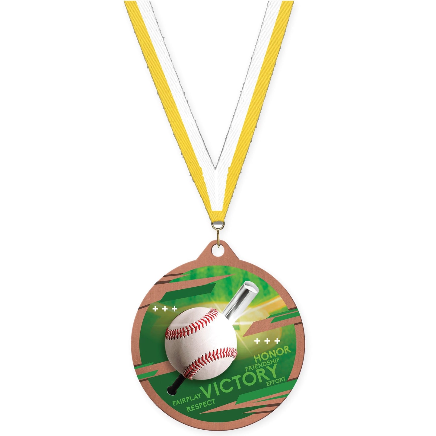 2 3/4 inch baseball Inspire medal in bronze with Yellow White neck ribbon