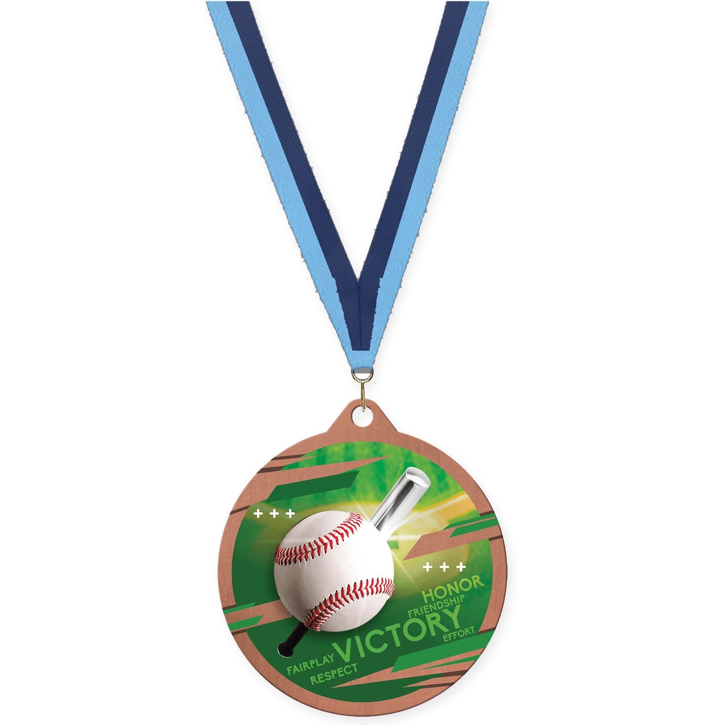 2 3/4 inch baseball Inspire medal in bronze with Light Blue Navy neck ribbon