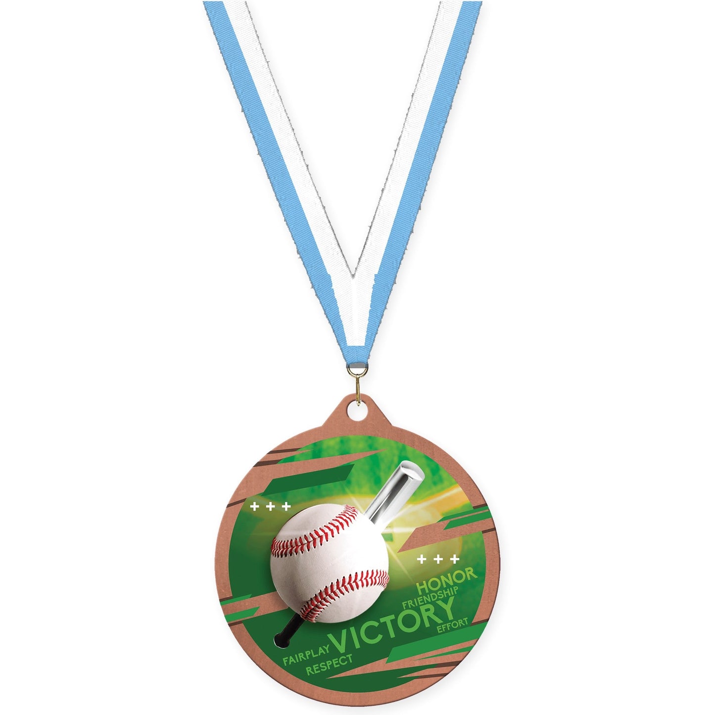 2 3/4 inch baseball Inspire medal in bronze with Light Blue White neck ribbon