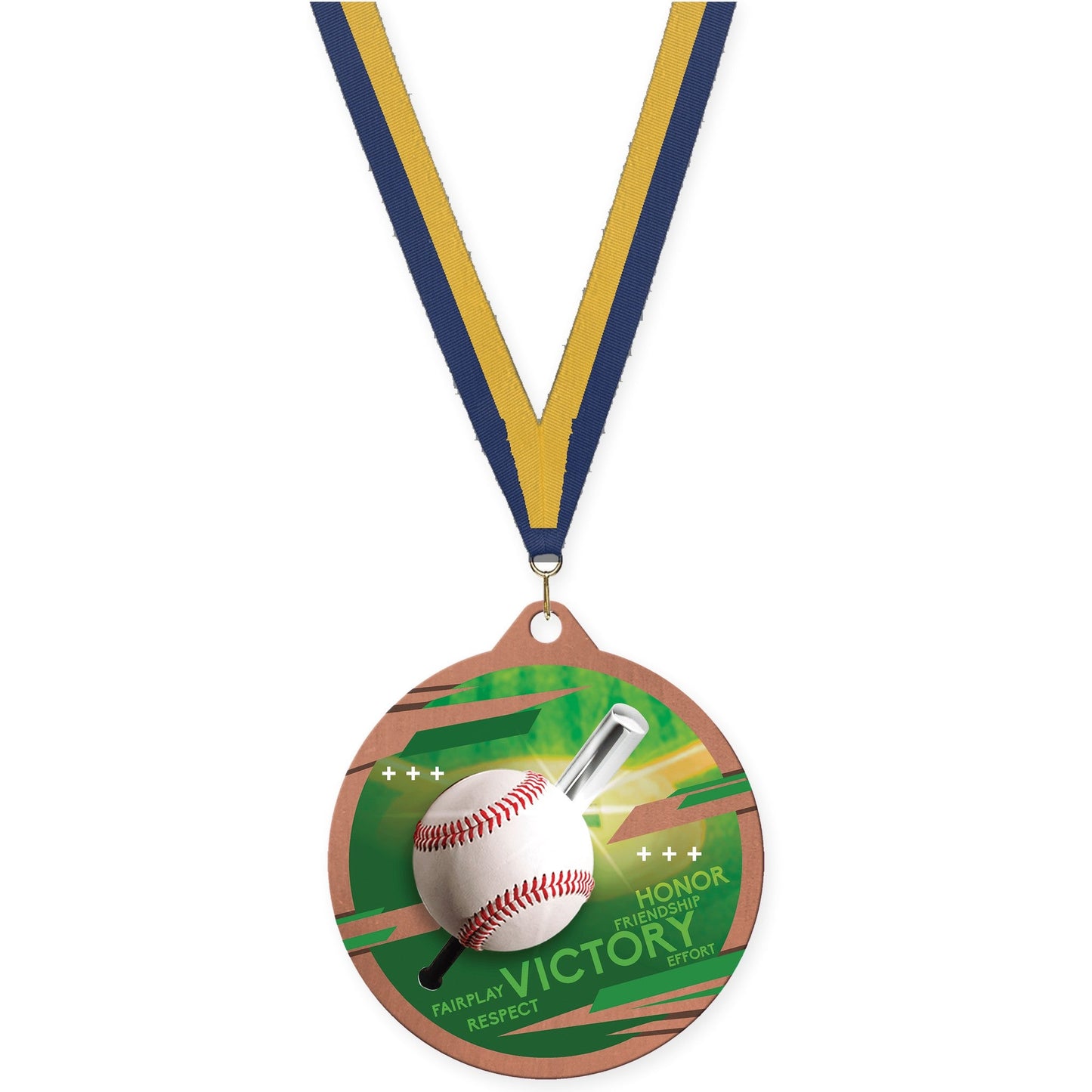2 3/4 inch baseball Inspire medal in bronze with Navy Gold neck ribbon