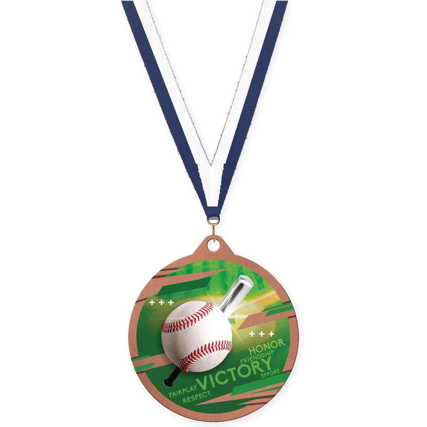 2 3/4 inch baseball Inspire medal in bronze with Navy White neck ribbon
