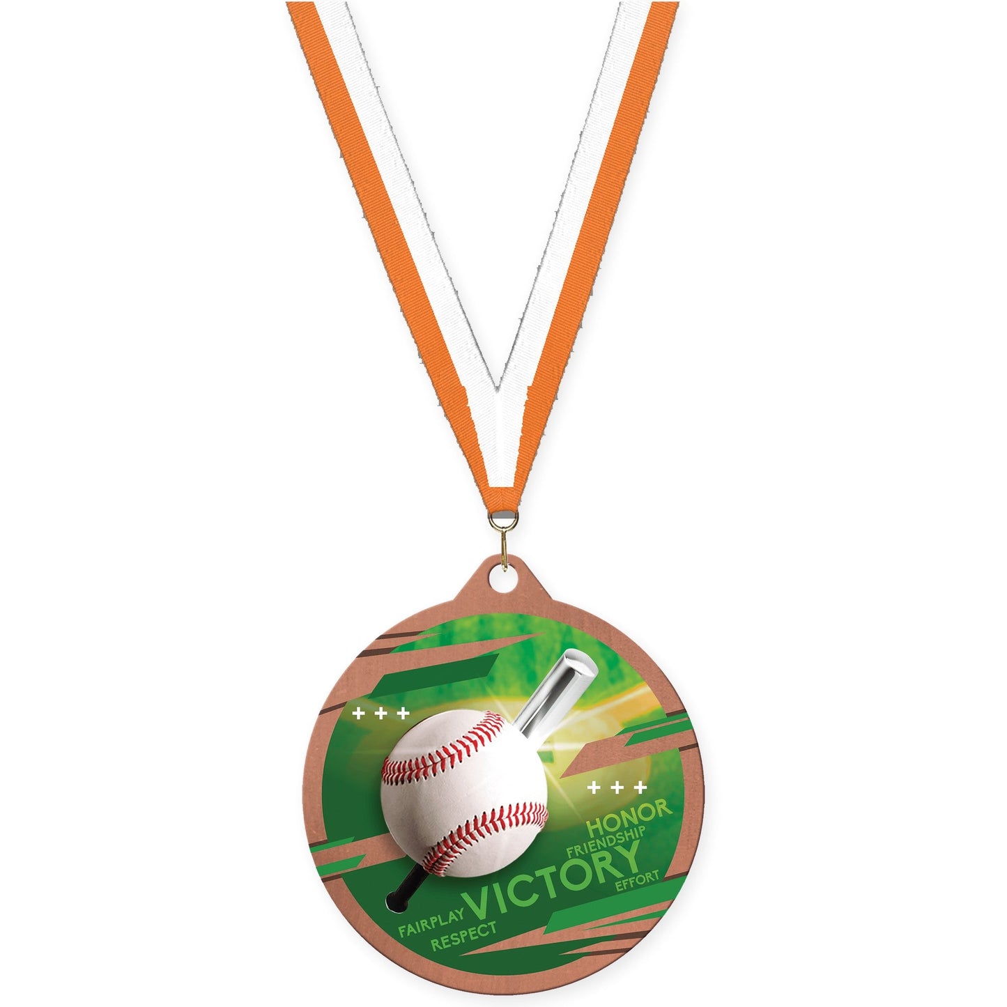 2 3/4 inch baseball Inspire medal in bronze with Orange White neck ribbon