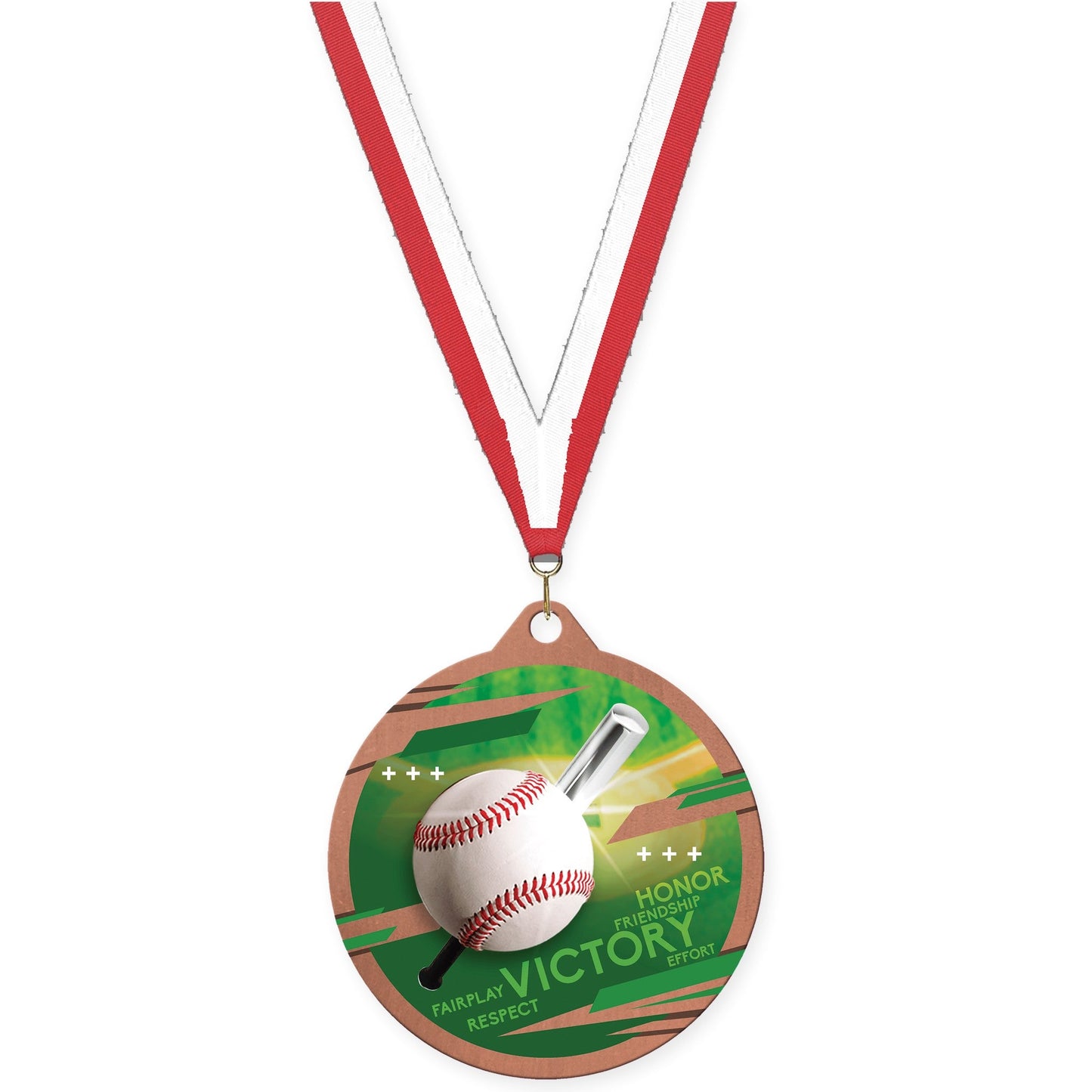 2 3/4 inch baseball Inspire medal in bronze with Red White neck ribbon