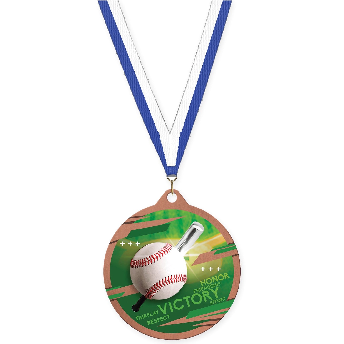 2 3/4 inch baseball Inspire medal in bronze with Blue White neck ribbon