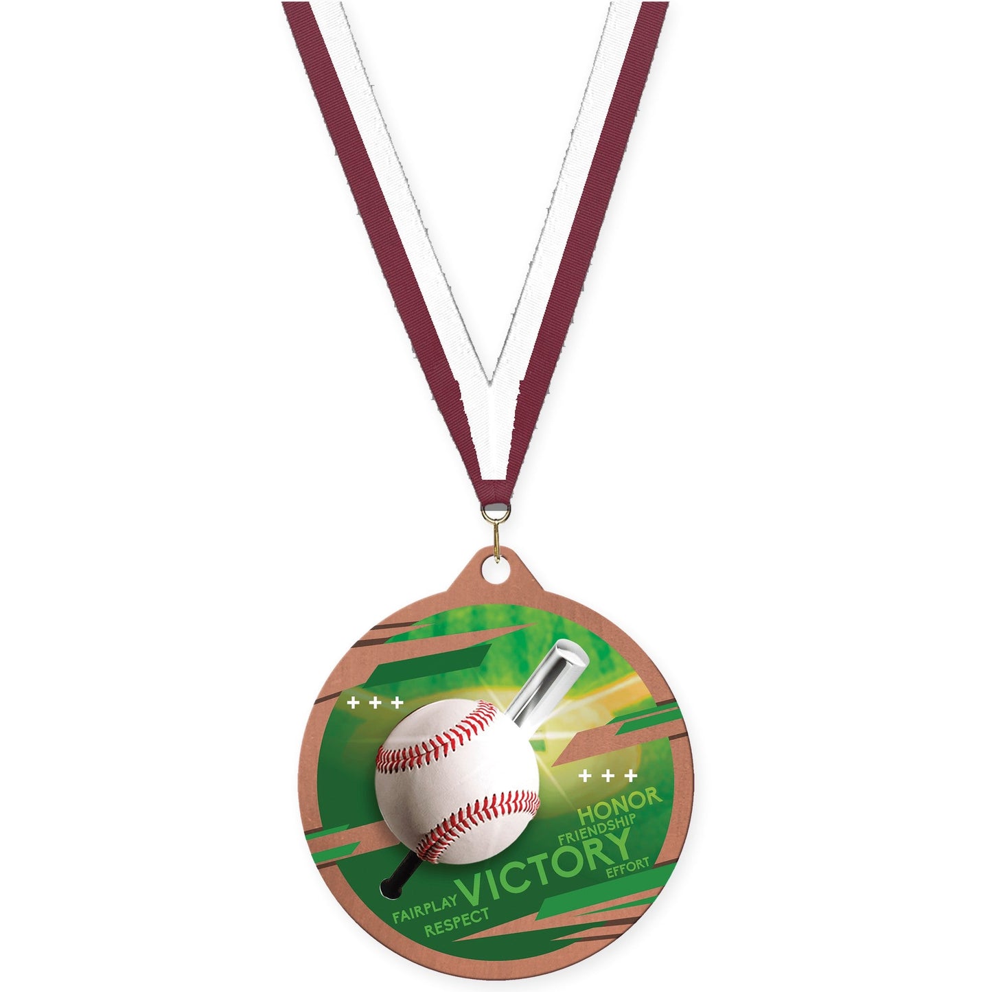 2 3/4 inch baseball Inspire medal in bronze with Maroon White neck ribbon