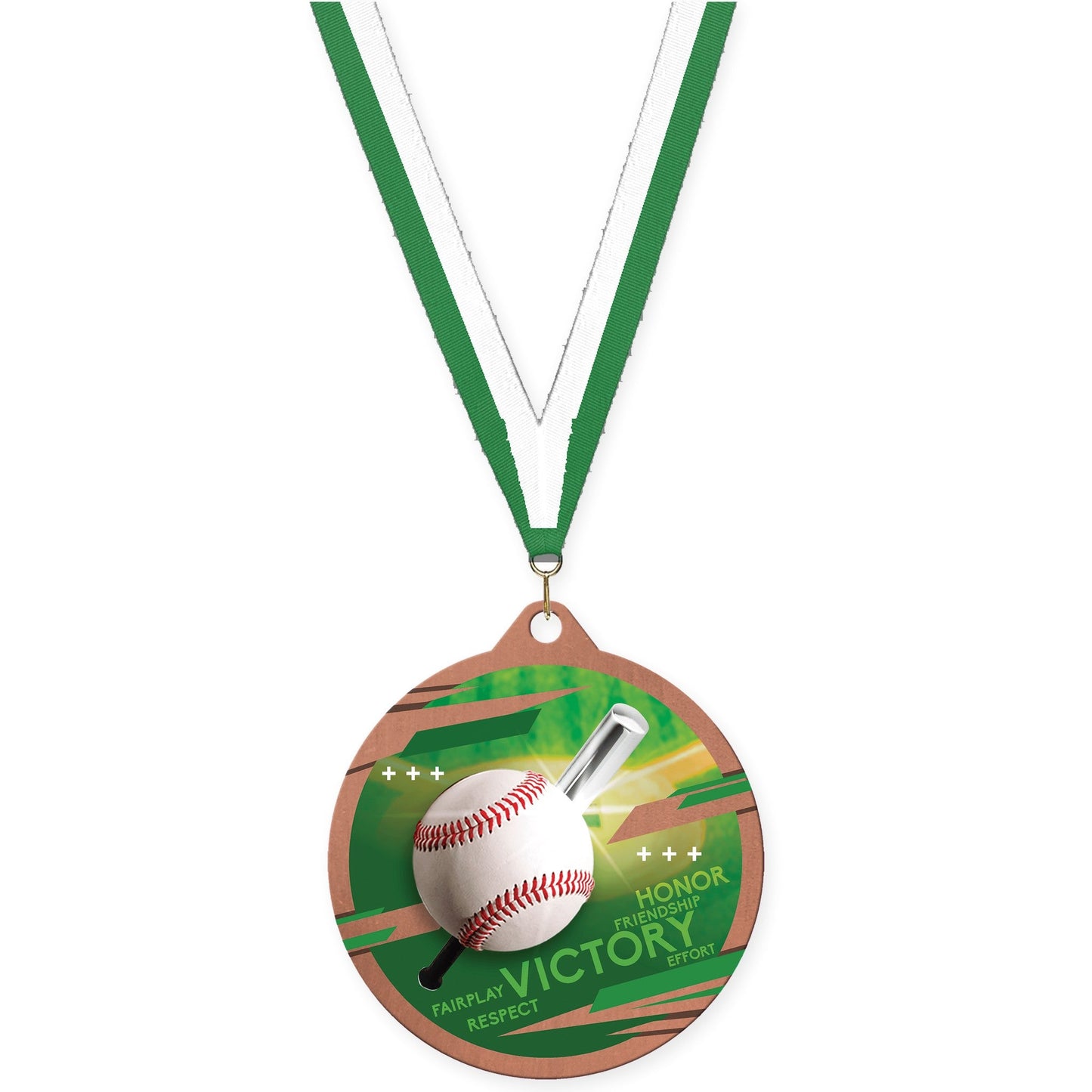 2 3/4 inch baseball Inspire medal in bronze with Green White neck ribbon
