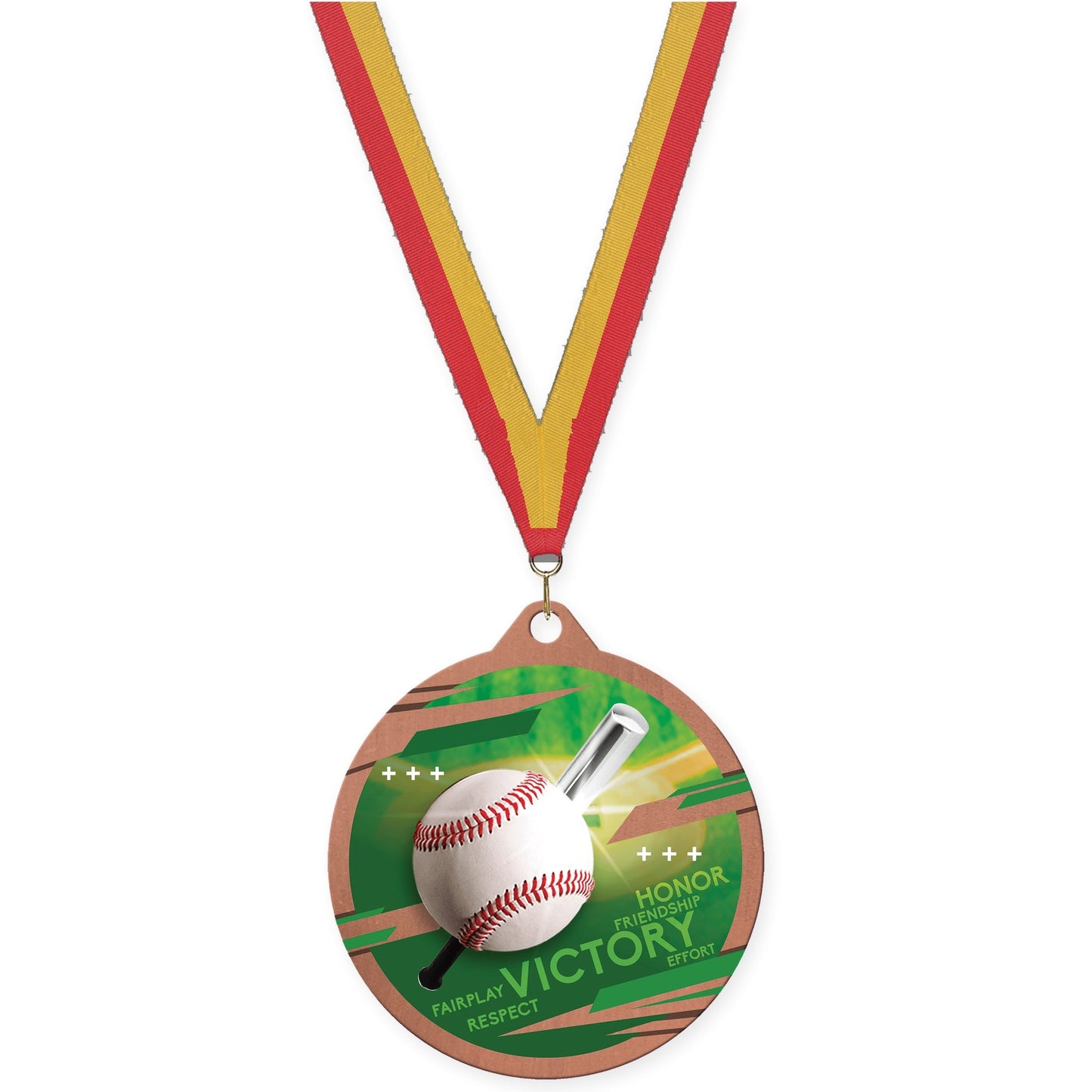 2 3/4 inch baseball Inspire medal in bronze with Red Gold neck ribbon