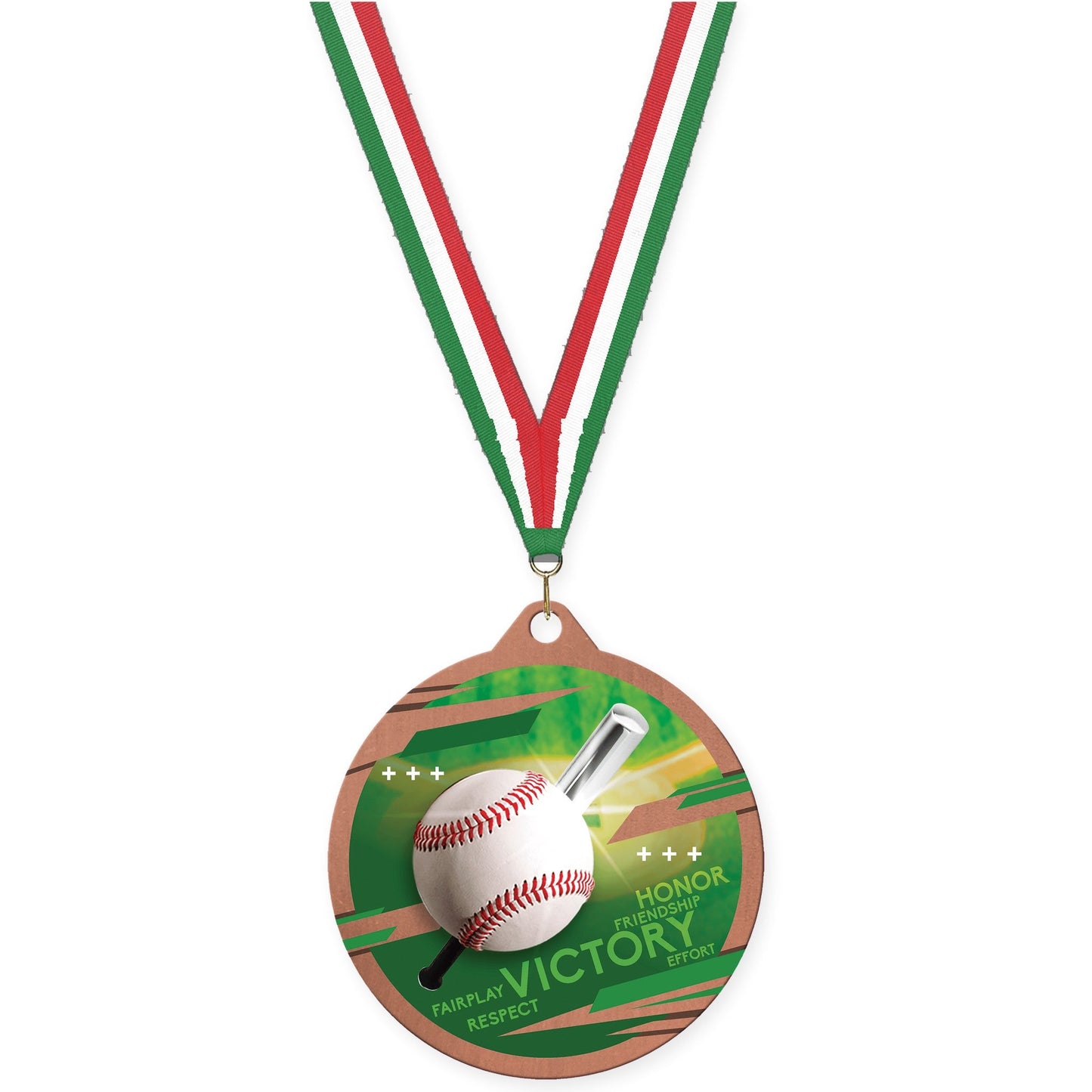 2 3/4 inch baseball Inspire medal in bronze with Green White Red neck ribbon