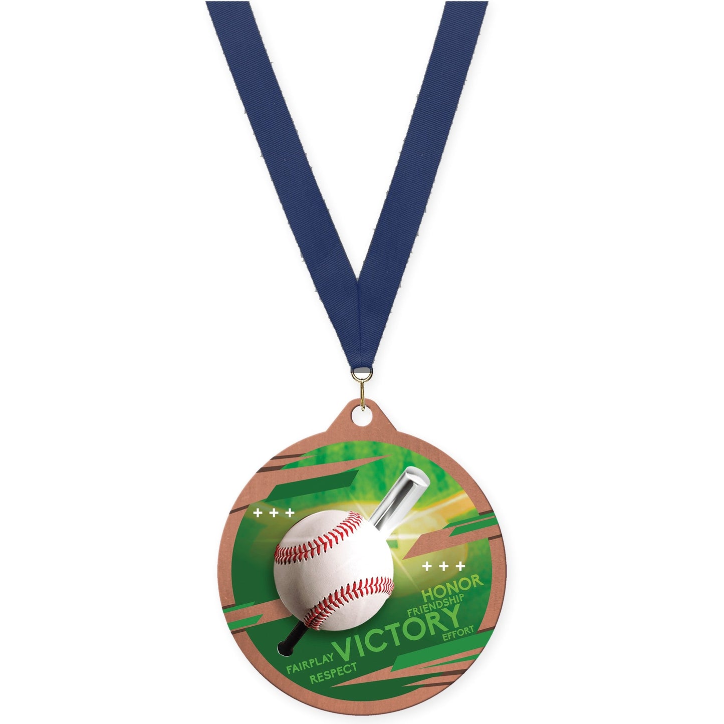 2 3/4 inch baseball Inspire medal in bronze with Navy neck ribbon