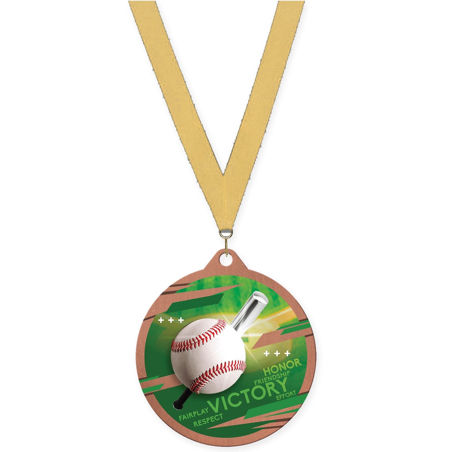 2 3/4 inch baseball Inspire medal in bronze with Gold Metallic neck ribbon