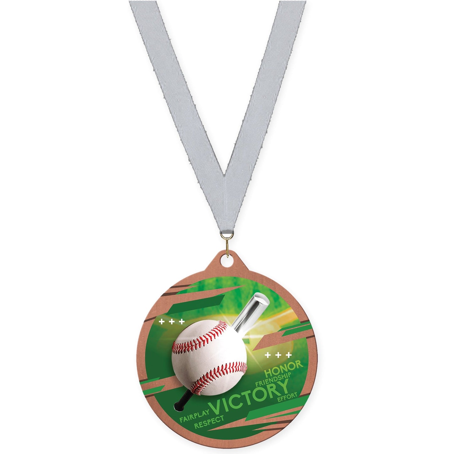 2 3/4 inch baseball Inspire medal in bronze with Silver Metallic neck ribbon