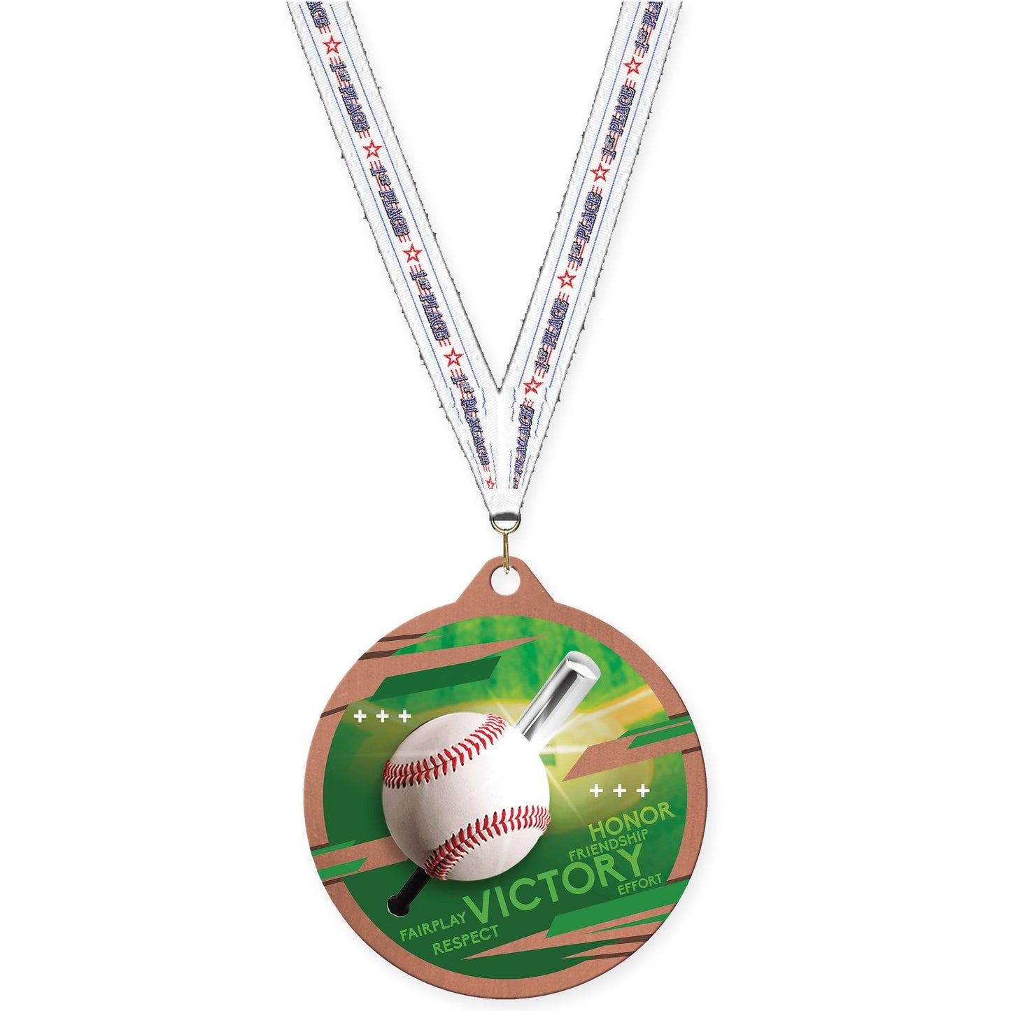 2 3/4 inch baseball Inspire medal in bronze with 1st Place neck ribbon