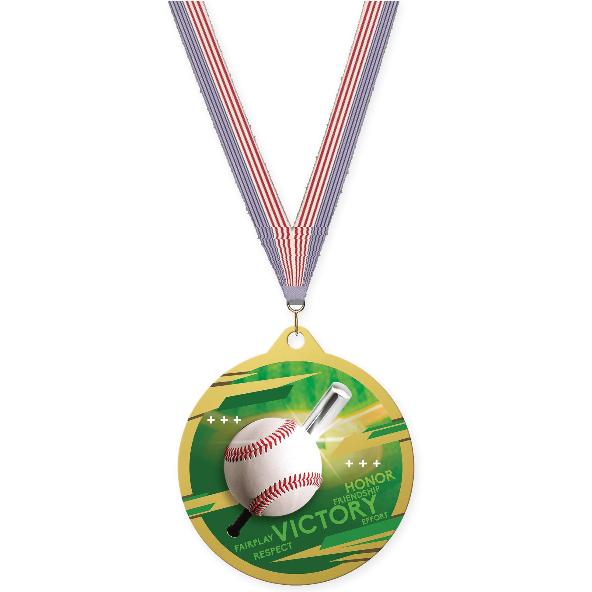 2 3/4 inch baseball Inspire medal in gold with USA Flag neck ribbon