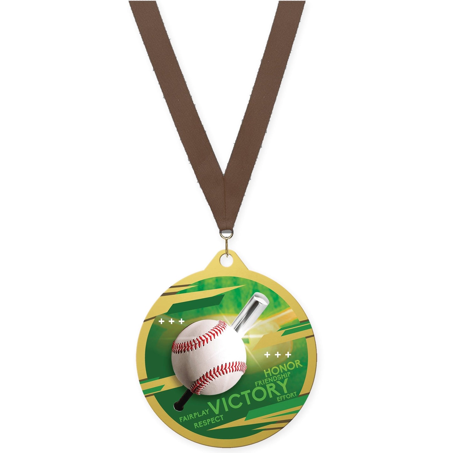 2 3/4 inch baseball Inspire medal in gold with Brown neck ribbon