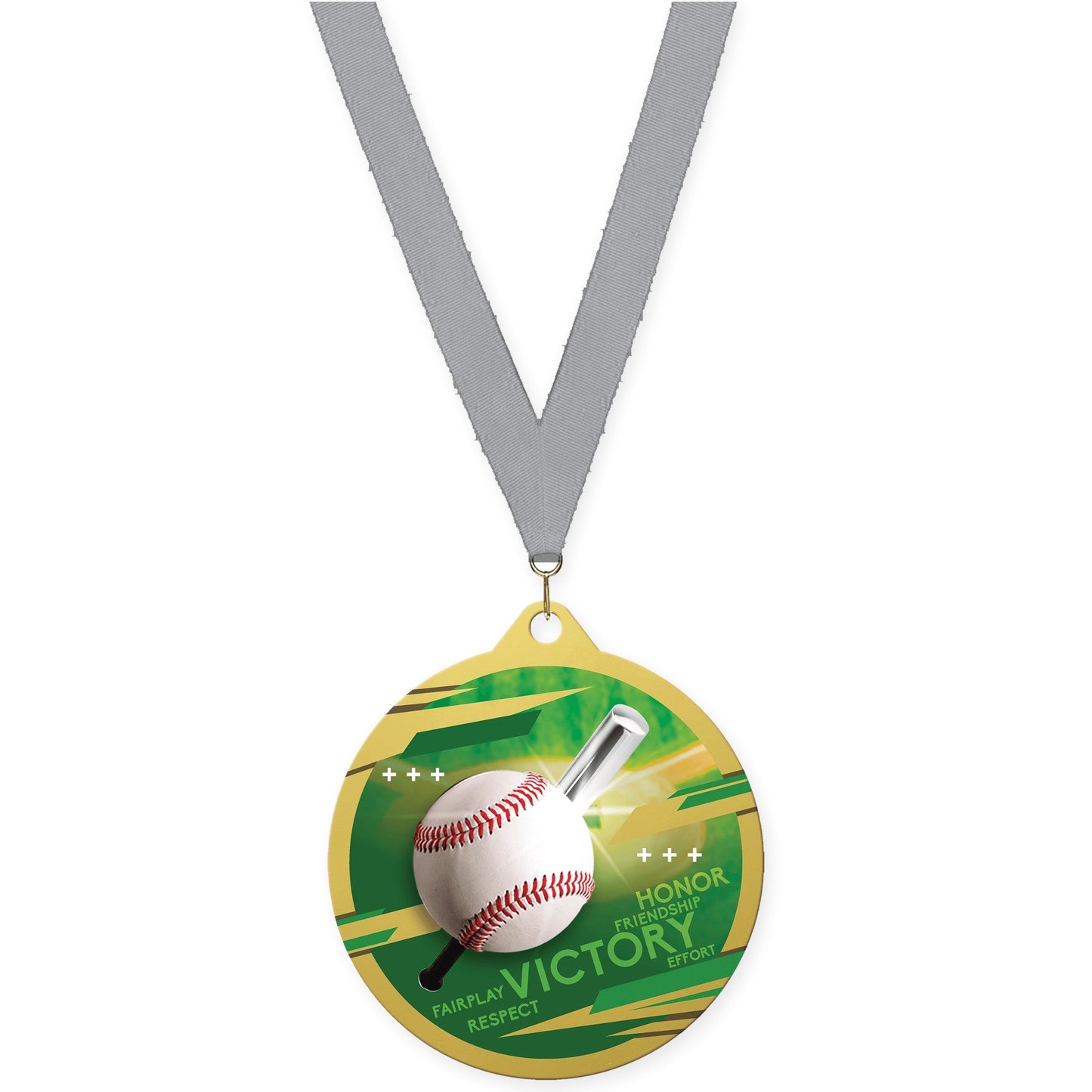 2 3/4 inch baseball Inspire medal in gold with Gray neck ribbon