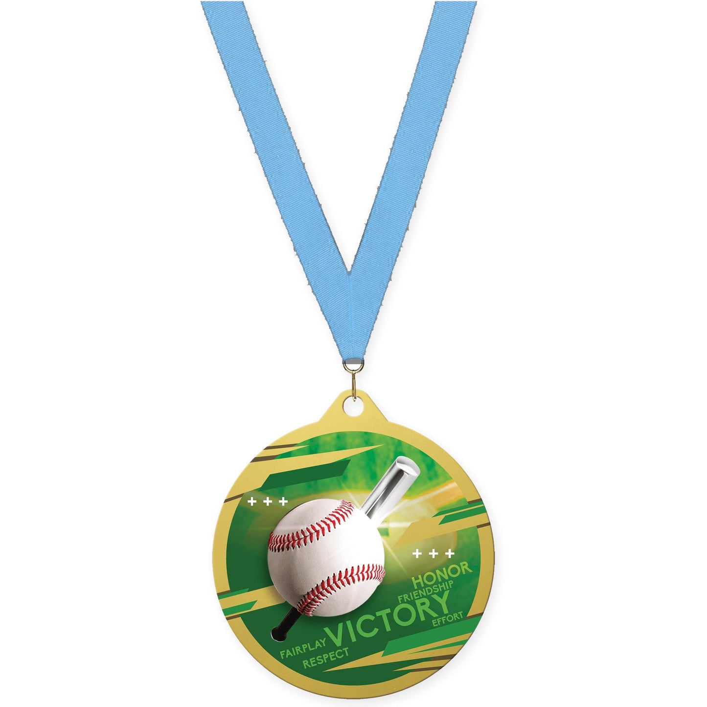 2 3/4 inch baseball Inspire medal in gold with Light Blue neck ribbon