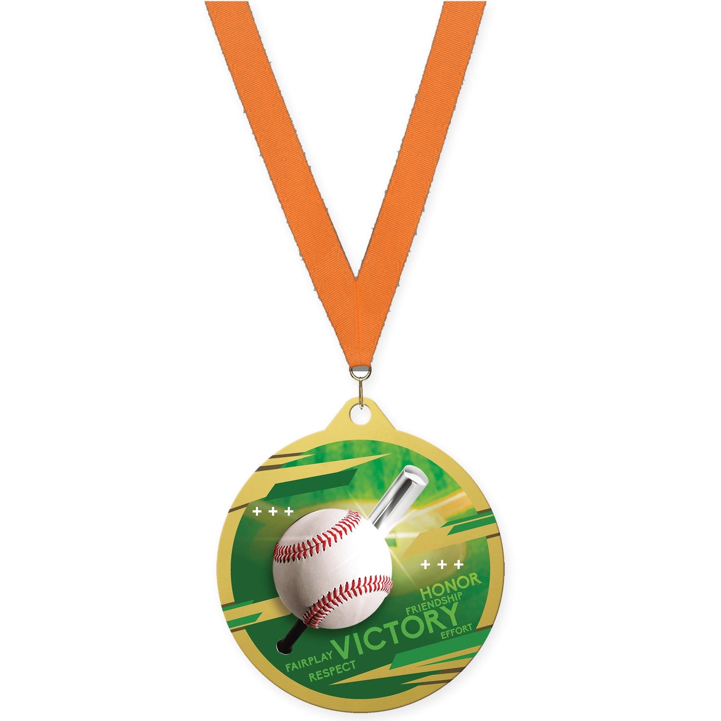 2 3/4 inch baseball Inspire medal in gold with Orange neck ribbon