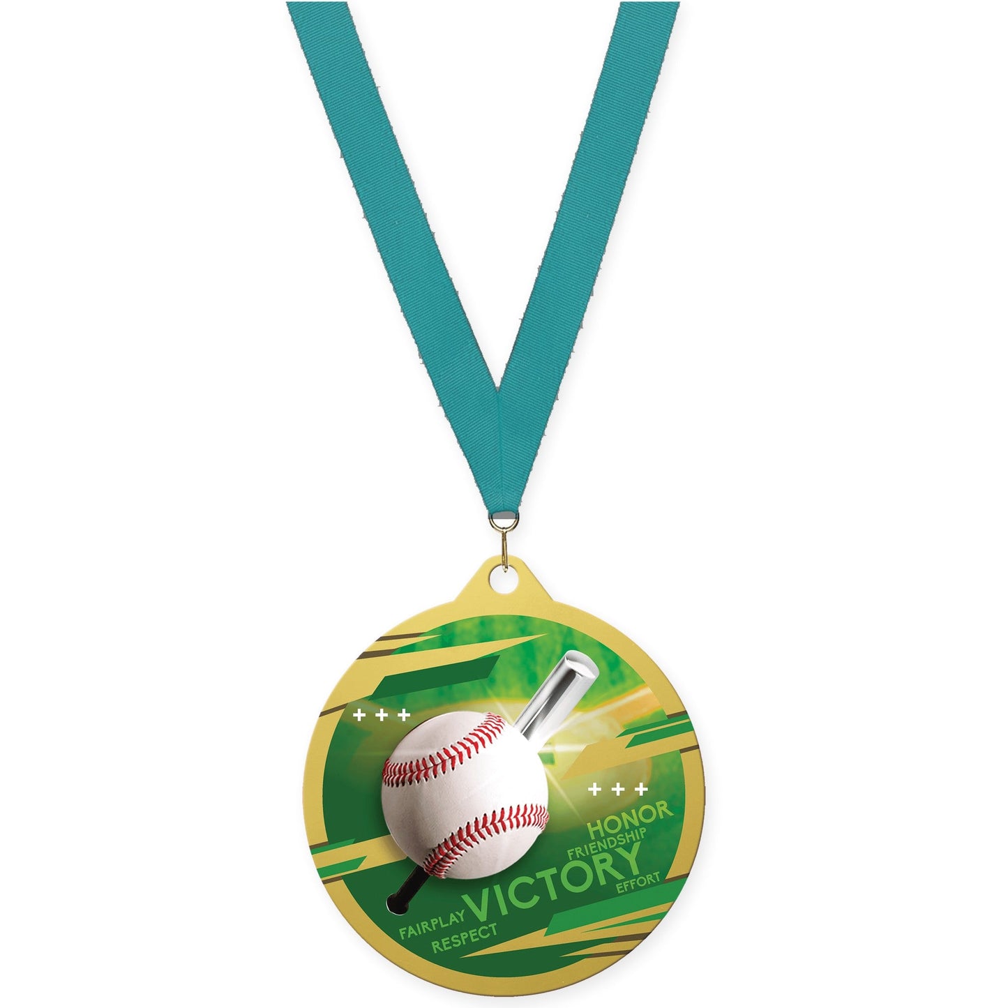 2 3/4 inch baseball Inspire medal in gold with Teal neck ribbon