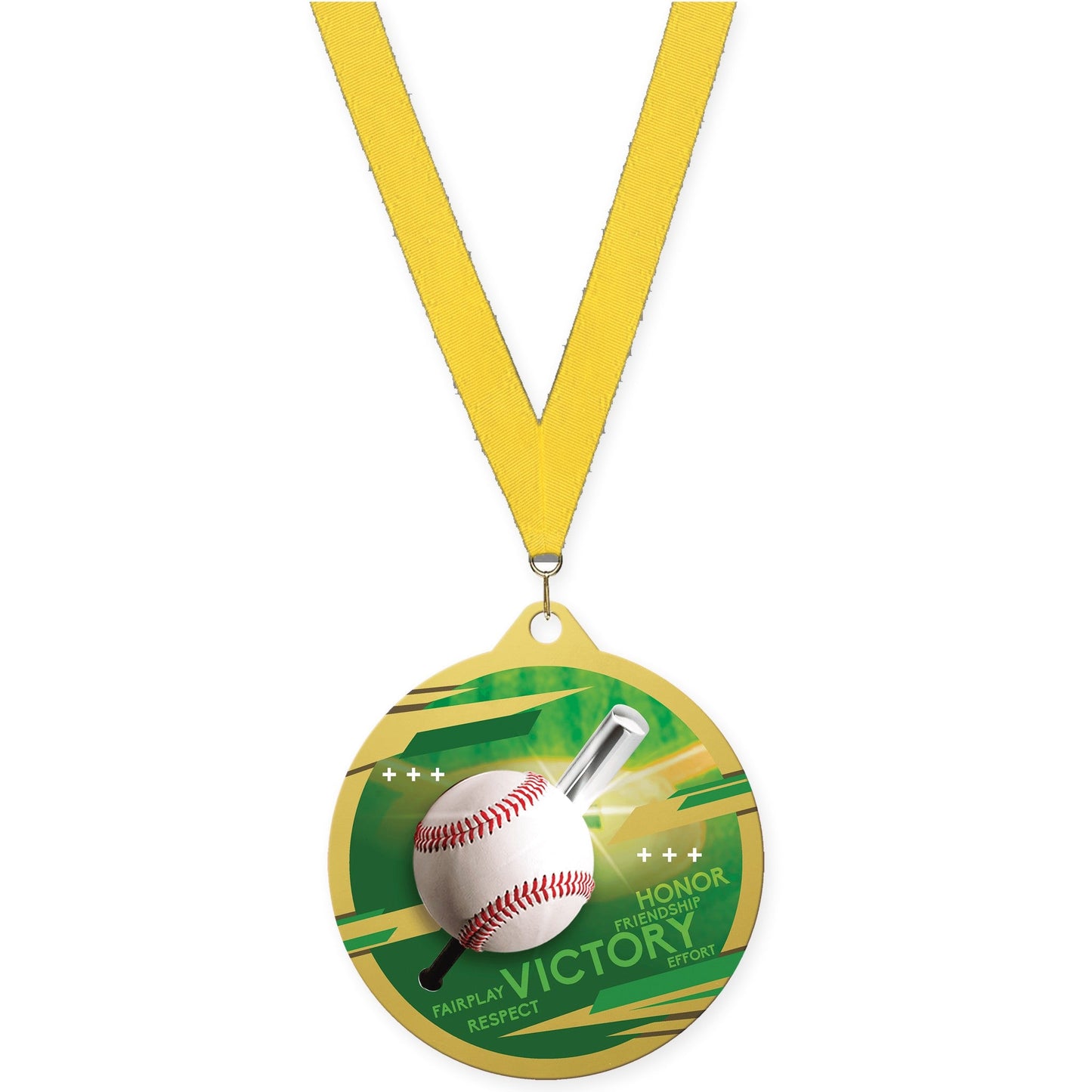 2 3/4 inch baseball Inspire medal in gold with Yellow neck ribbon