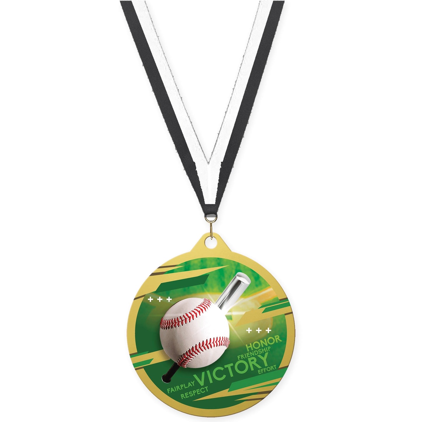 2 3/4 inch baseball Inspire medal in gold with Black White neck ribbon