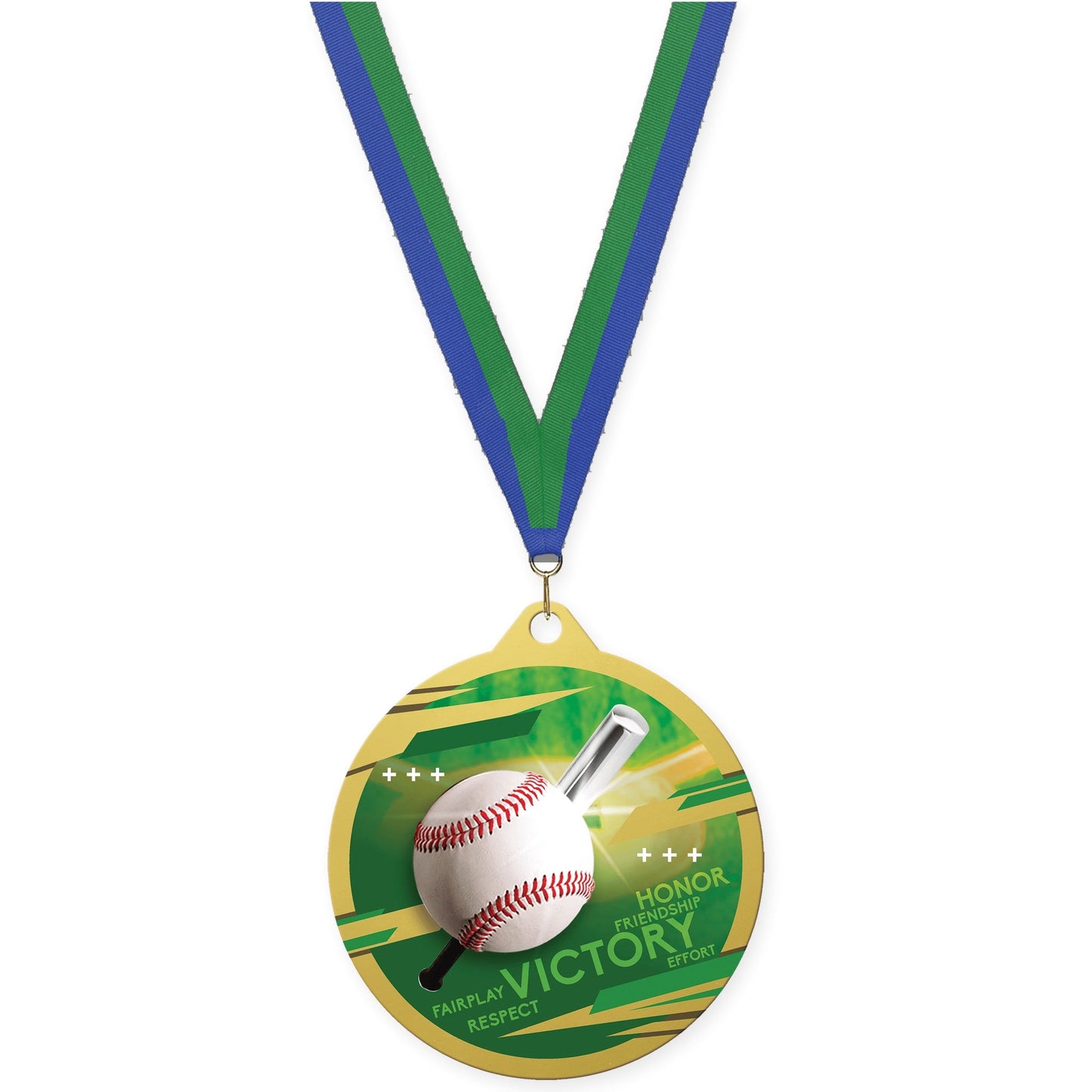 2 3/4 inch baseball Inspire medal in gold with Blue Green neck ribbon