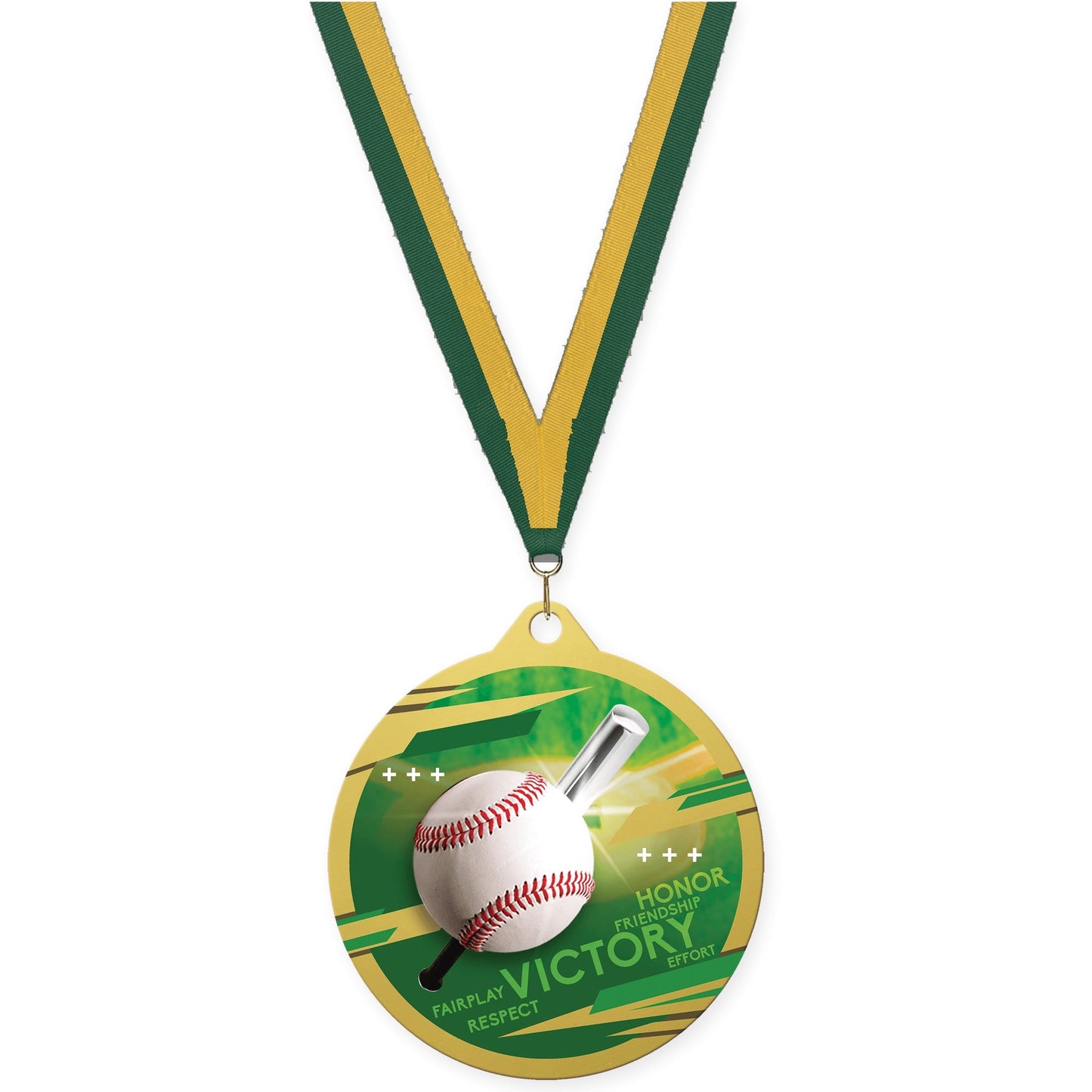 2 3/4 inch baseball Inspire medal in gold with Hunter Green Gold neck ribbon