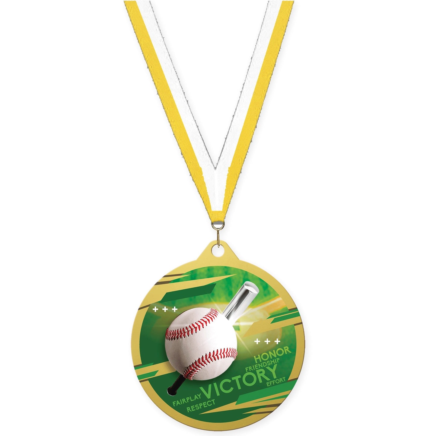 2 3/4 inch baseball Inspire medal in gold with Yellow White neck ribbon
