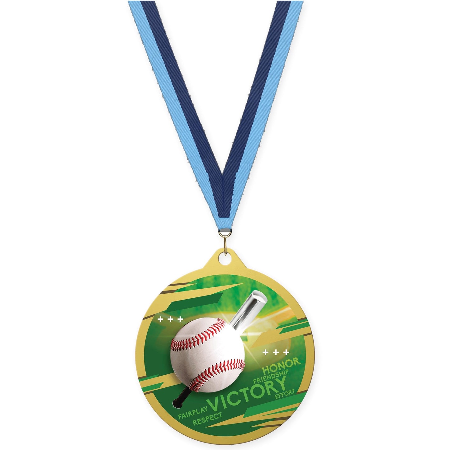 2 3/4 inch baseball Inspire medal in gold with Light Blue Navy neck ribbon