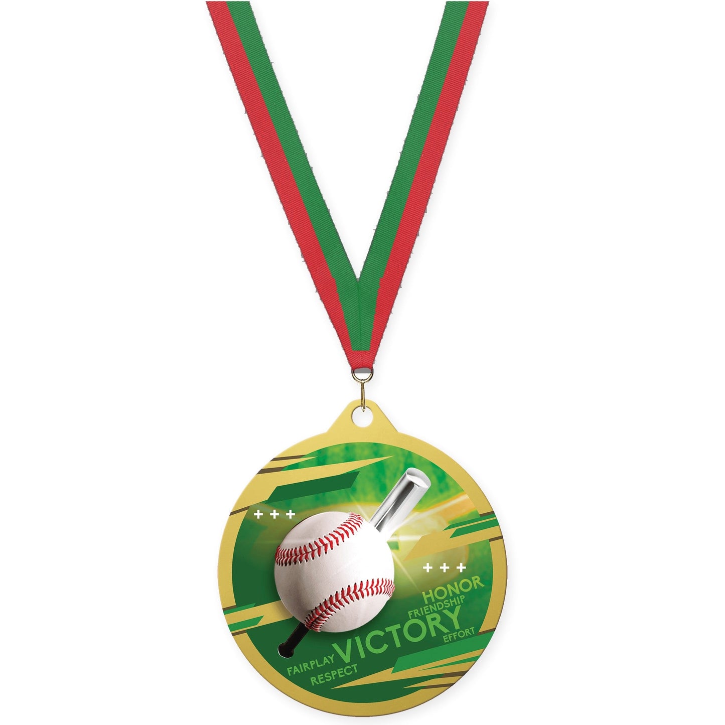 2 3/4 inch baseball Inspire medal in gold with Red Green neck ribbon