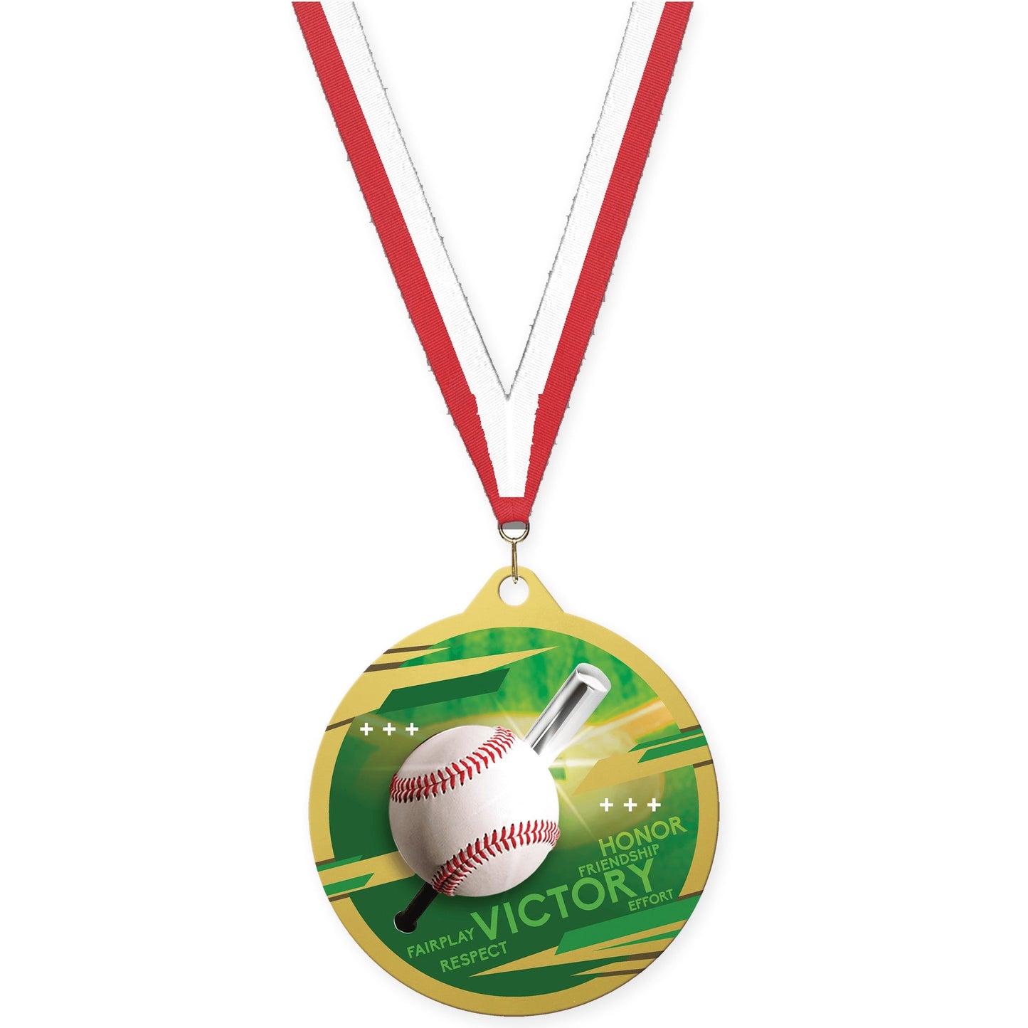 2 3/4 inch baseball Inspire medal in gold with Red White neck ribbon