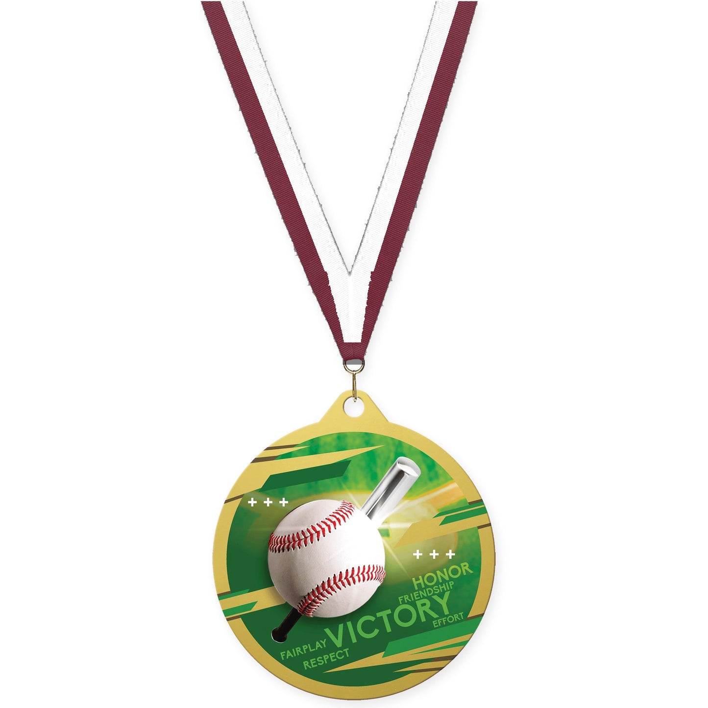 2 3/4 inch baseball Inspire medal in gold with Maroon White neck ribbon