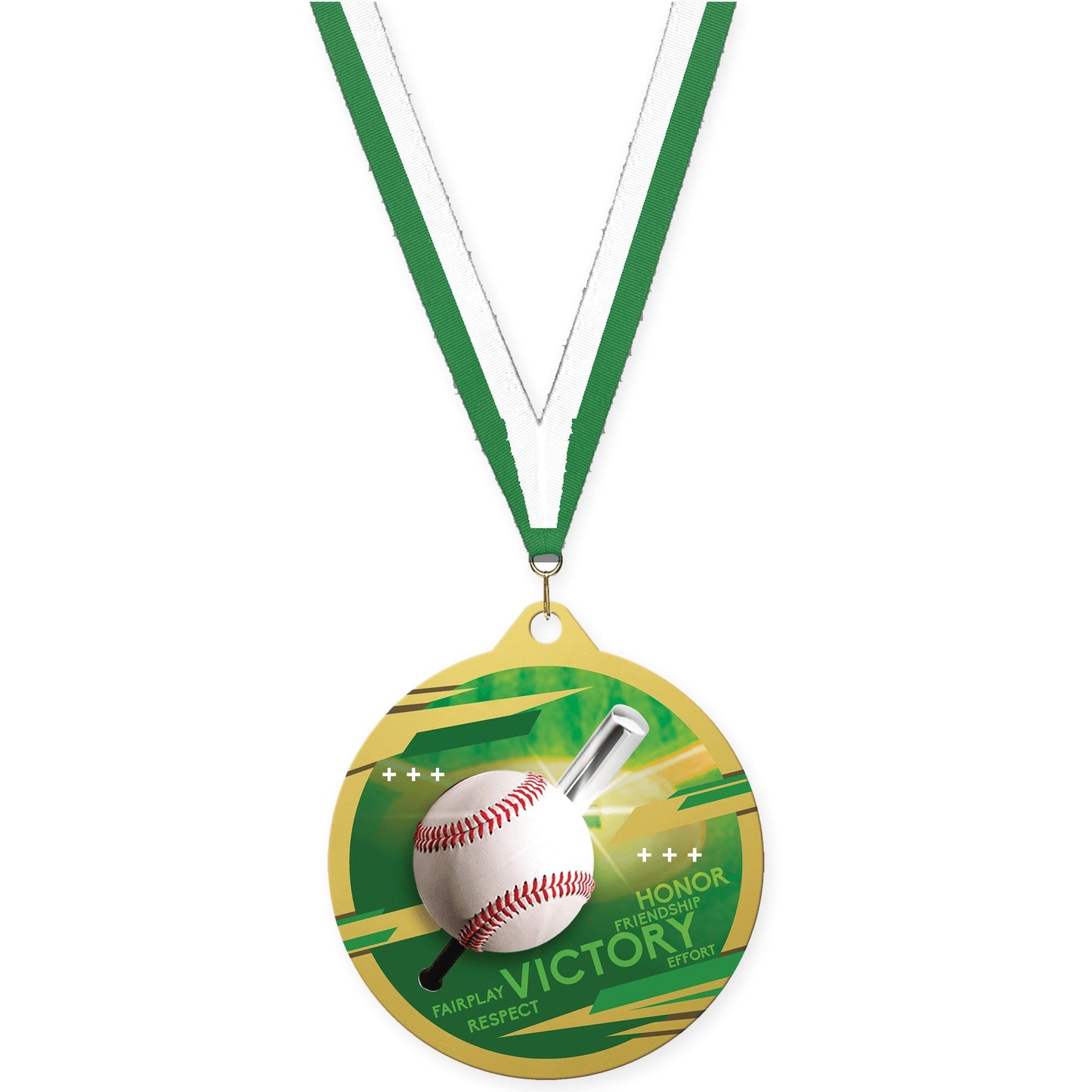 2 3/4 inch baseball Inspire medal in gold with Green White neck ribbon
