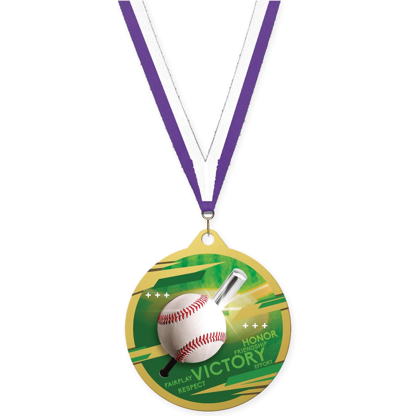 2 3/4 inch baseball Inspire medal in gold with Purple White neck ribbon