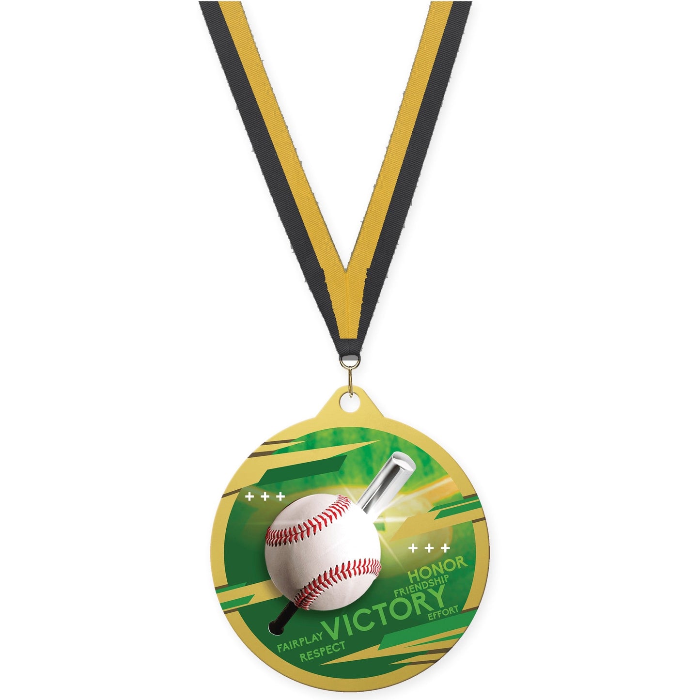 2 3/4 inch baseball Inspire medal in gold with Black Gold neck ribbon