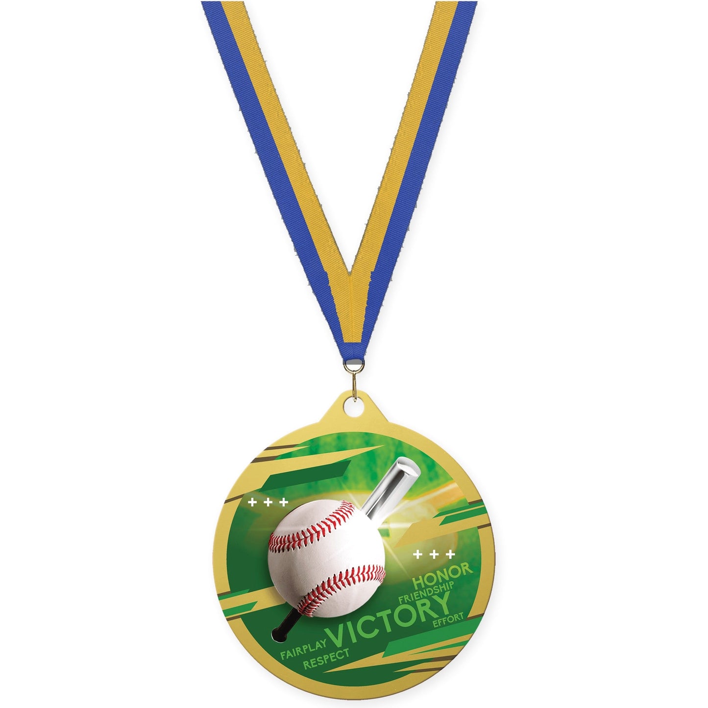 2 3/4 inch baseball Inspire medal in gold with Blue Gold neck ribbon