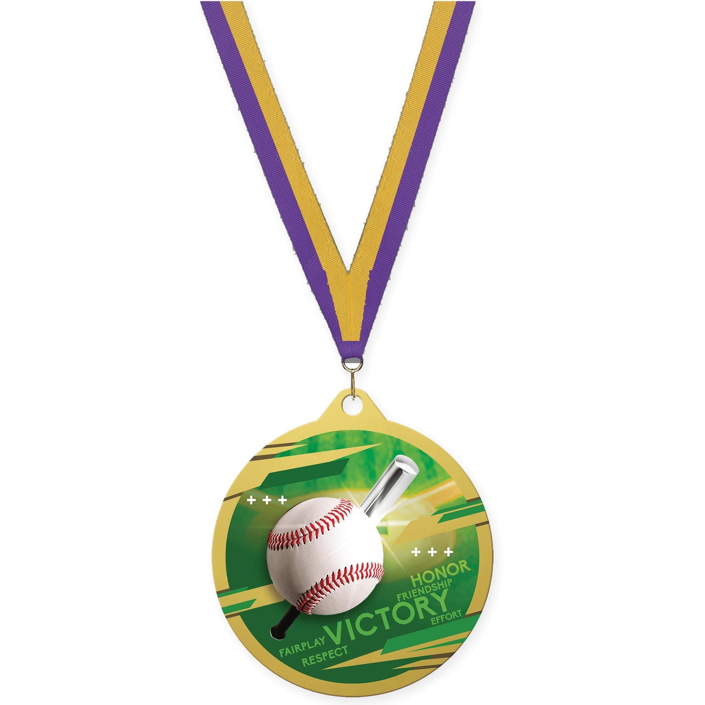 2 3/4 inch baseball Inspire medal in gold with Purple Gold neck ribbon