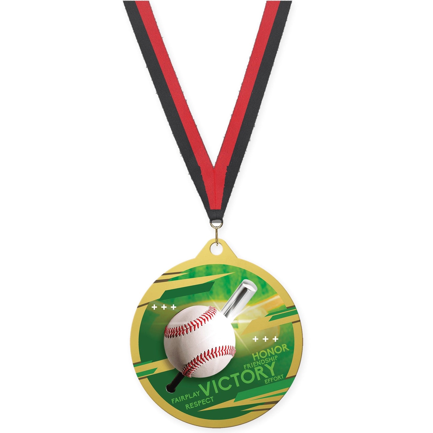 2 3/4 inch baseball Inspire medal in gold with Black Red neck ribbon