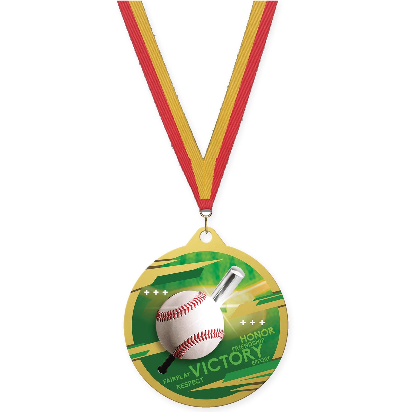 2 3/4 inch baseball Inspire medal in gold with Red Gold neck ribbon