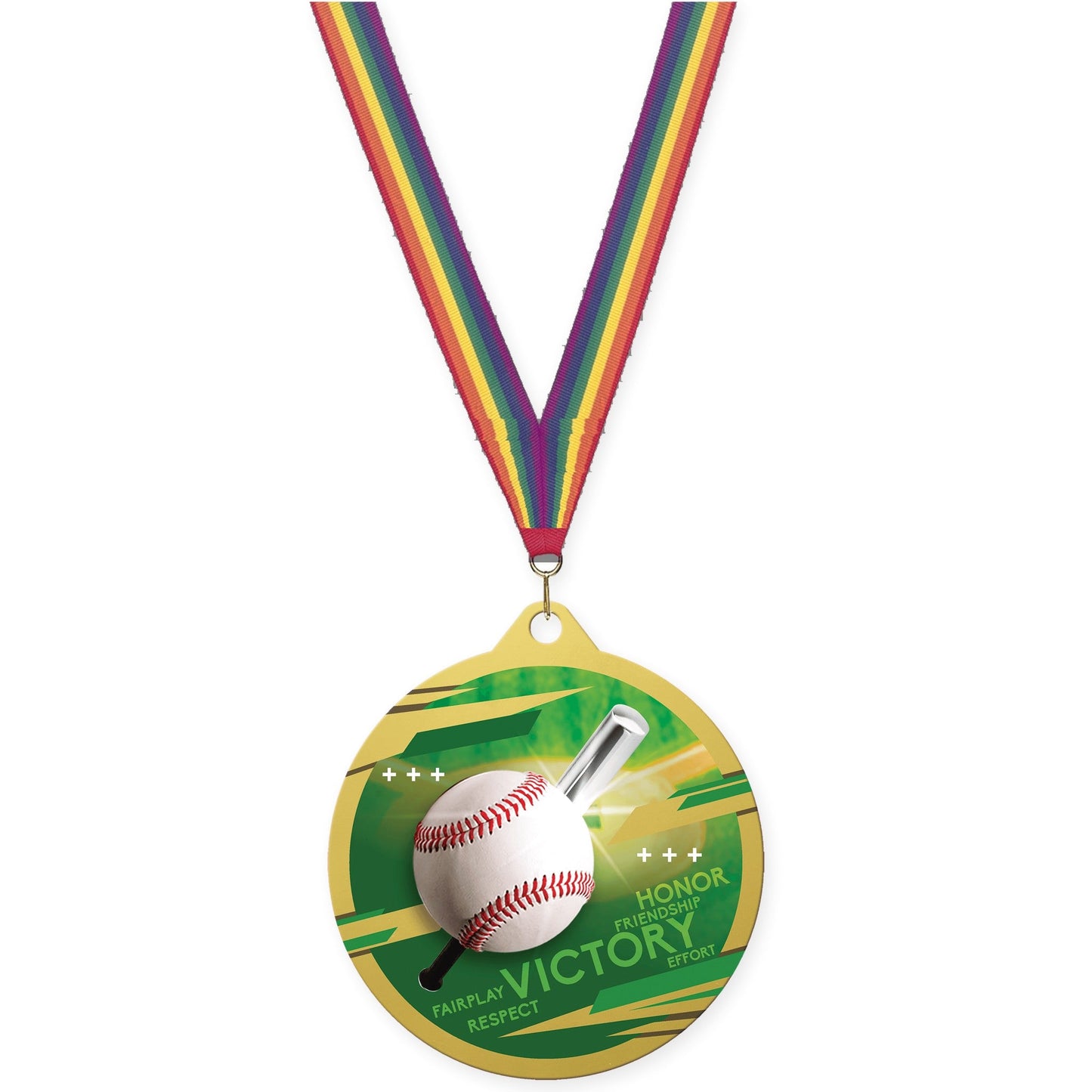 2 3/4 inch baseball Inspire medal in gold with Rainbow neck ribbon