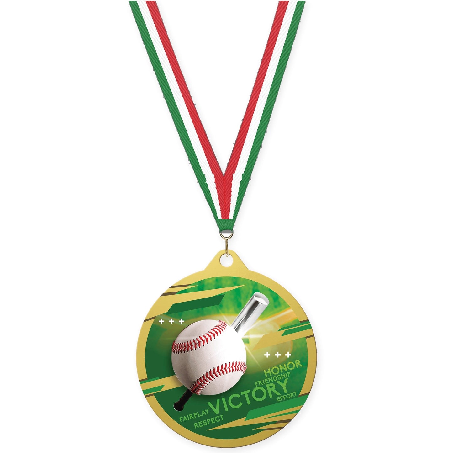 2 3/4 inch baseball Inspire medal in gold with Green White Red neck ribbon
