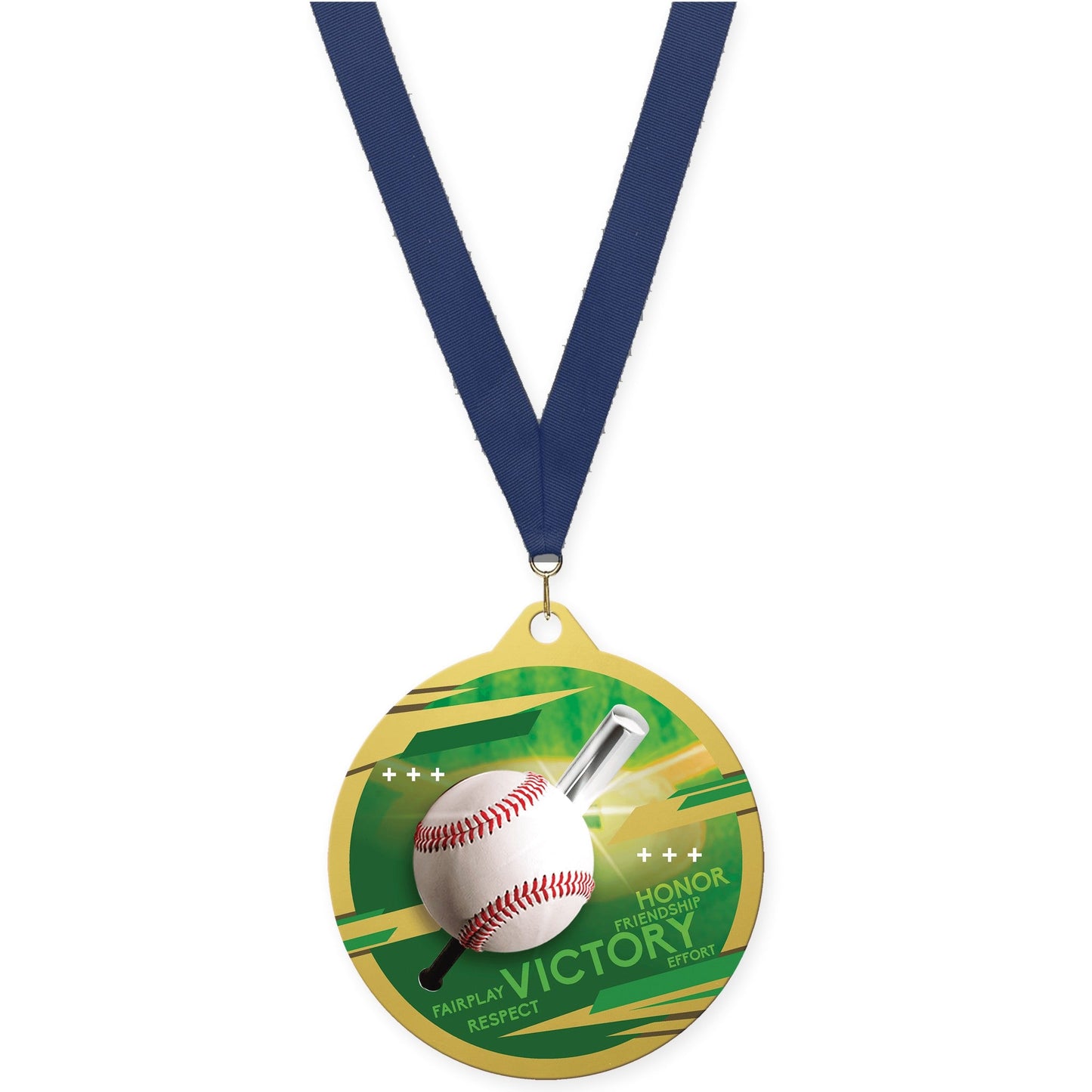 2 3/4 inch baseball Inspire medal in gold with Navy neck ribbon