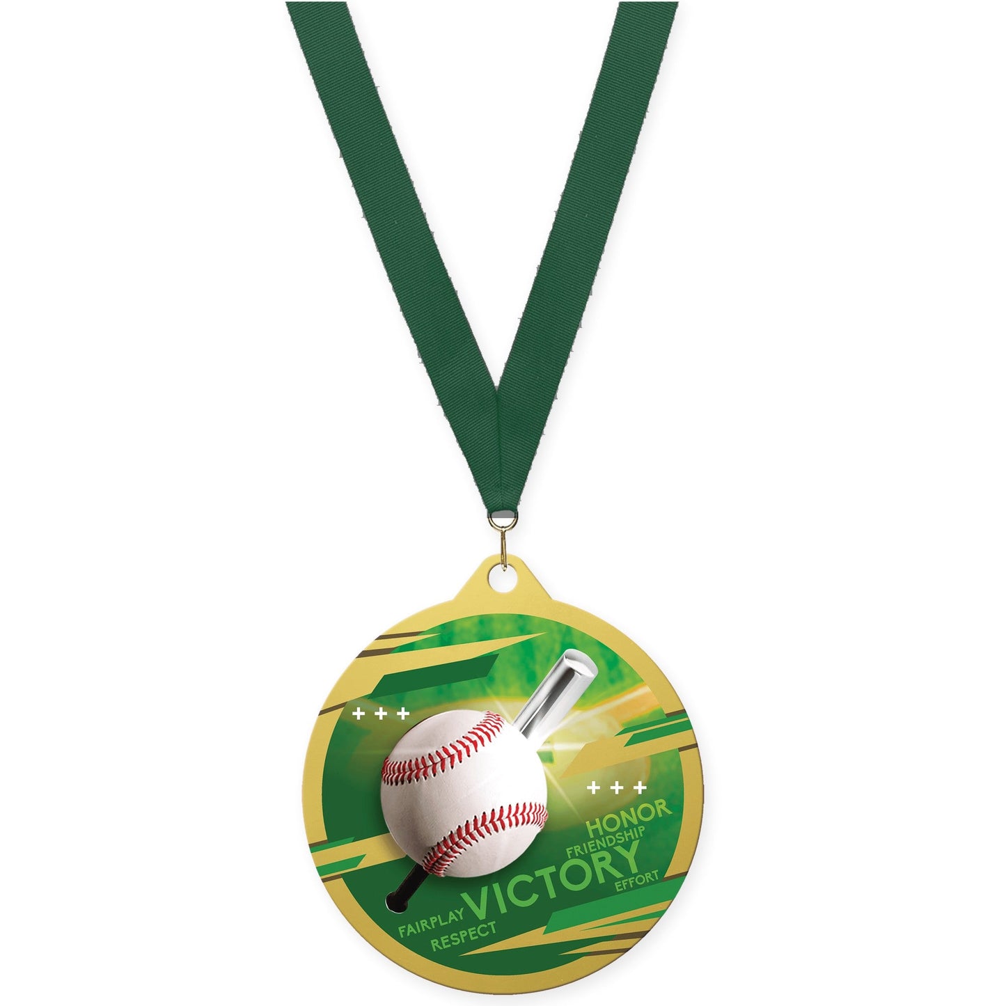 2 3/4 inch baseball Inspire medal in gold with Hunter Green neck ribbon
